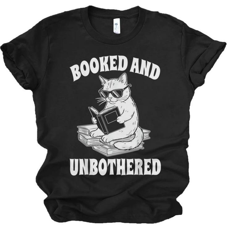 Booked And Unbothered Cat Reading Book Lovers Unisex Jersey T-Shirt