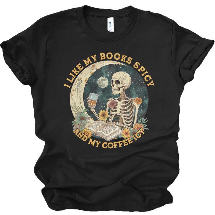 I Like My Books Spicy & My Coffee Icy Skeleton Read Book Unisex Jersey T-Shirt