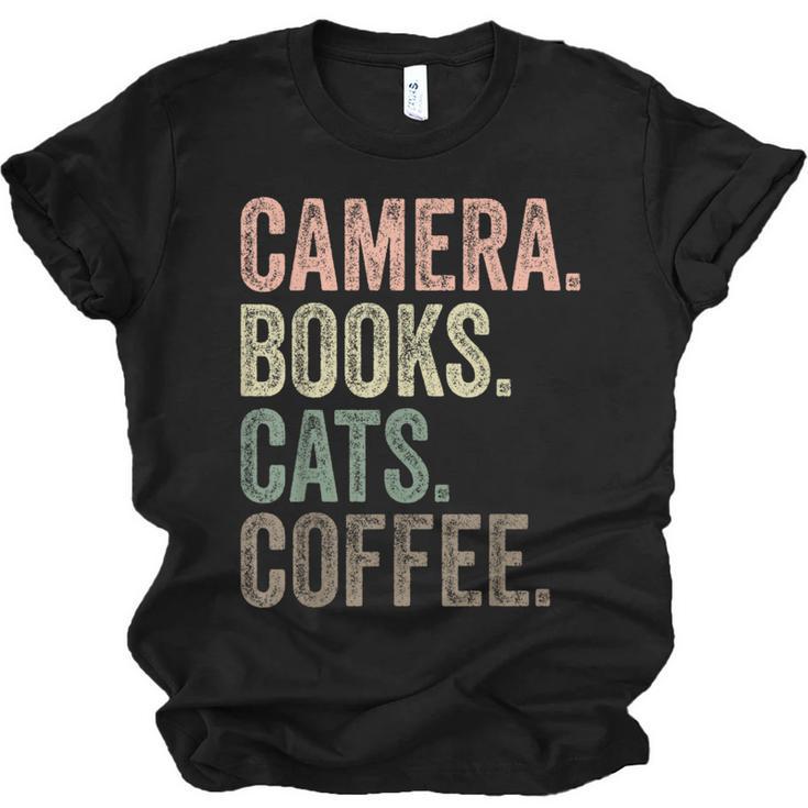 Camera Books Cats And Coffee Lover Photography Men Women Unisex Jersey T-Shirt