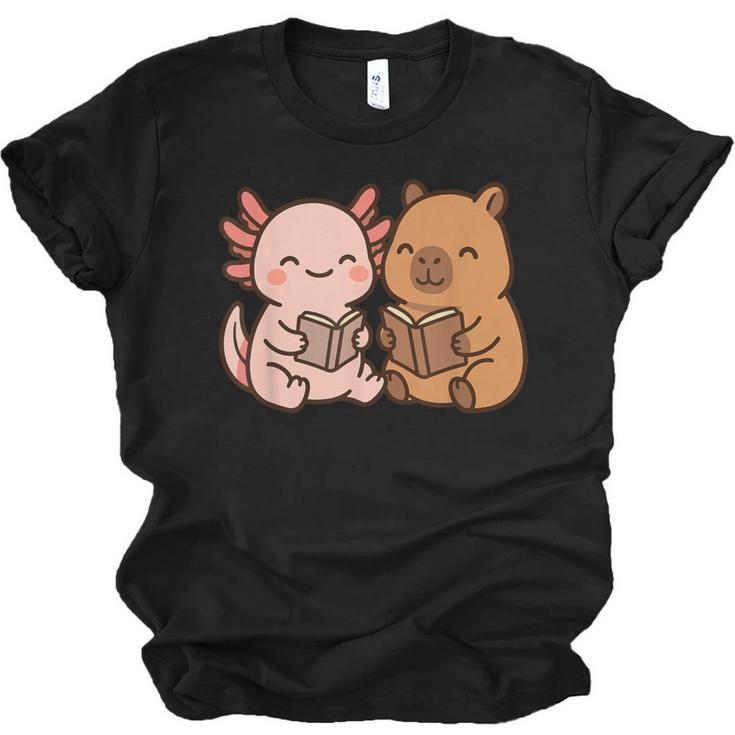 Capybara Axolotl Kawaii Kids Anime Book Lover Reading Unisex Jersey T-Shirt