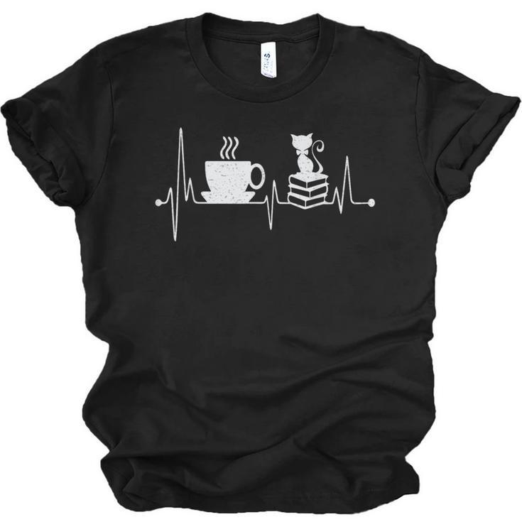 Cat Book Coffee Lover Heartbeat Cat Lover Book Lover Unisex Jersey T-Shirt