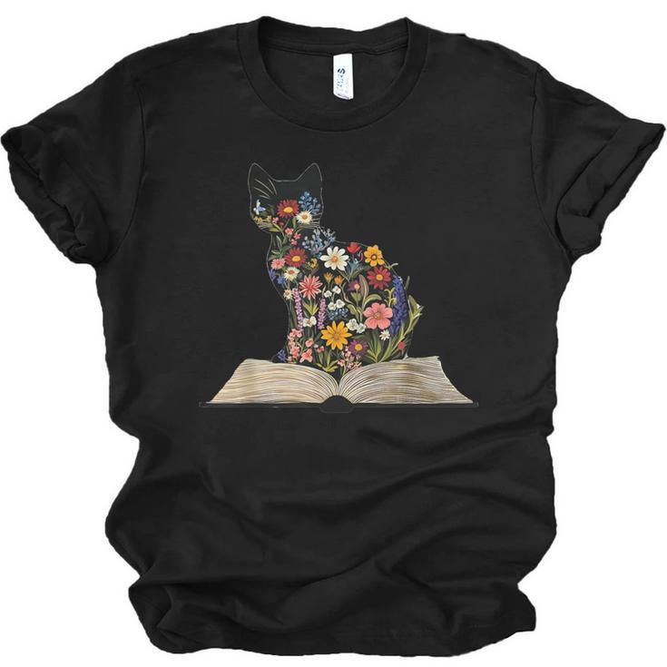 Cat Book Flowers Unisex Jersey T-Shirt