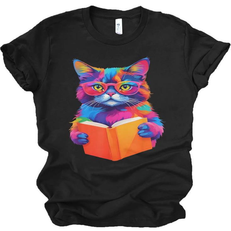 Cat Book Shirt Colorful Cat Reading Book Unisex Jersey T-Shirt