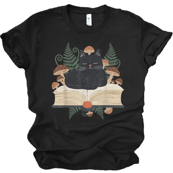 Cat On Open Book Mushrooms Ferns Dark Academia Unisex Jersey T-Shirt