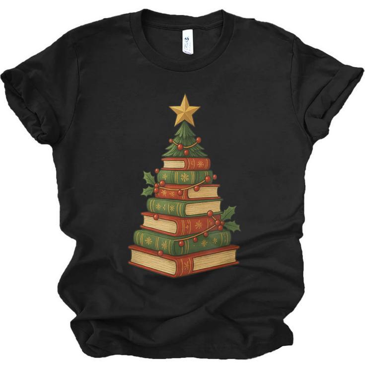 Christmas Book Tree Bookshelf Holiday For Readers Librarians Unisex Jersey T-Shirt