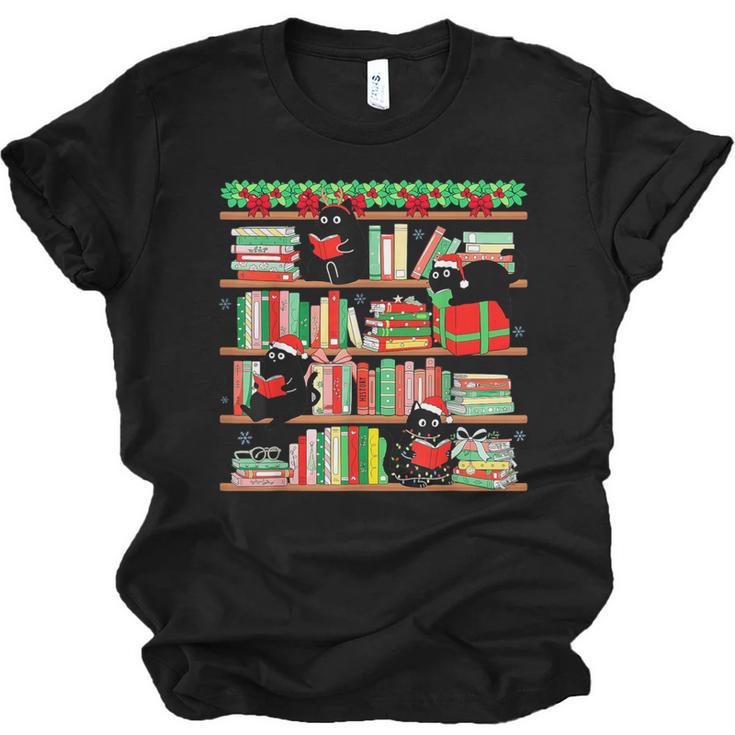 Christmas Cat Santa Bookshelves Book Lover Reader Unisex Jersey T-Shirt