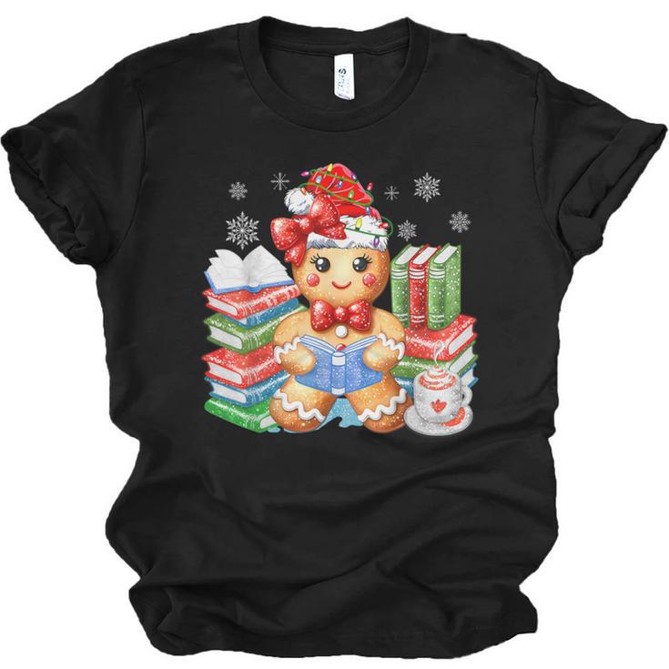 Christmas Gingerbread Man Reading Book Snowflake Teacher Unisex Jersey T-Shirt