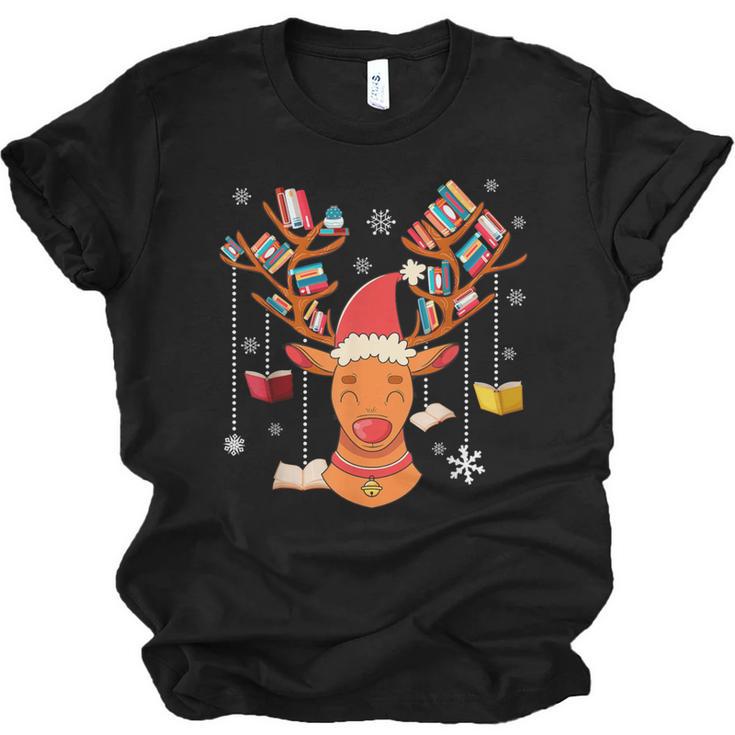 Christmas Librarian Reindeer Xmas Book Teachers Love Reading Unisex Jersey T-Shirt