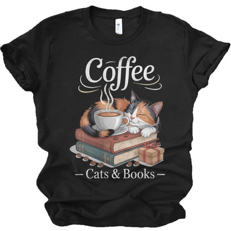 Coffee Cats And Books Cozy Calico Reader Love Cute Cat Unisex Jersey T-Shirt