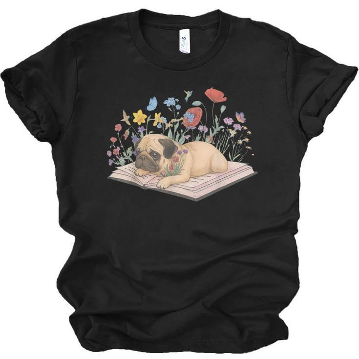 Color Floral Cute Pug Dog On Book Reading Bookworm Reader Unisex Jersey T-Shirt