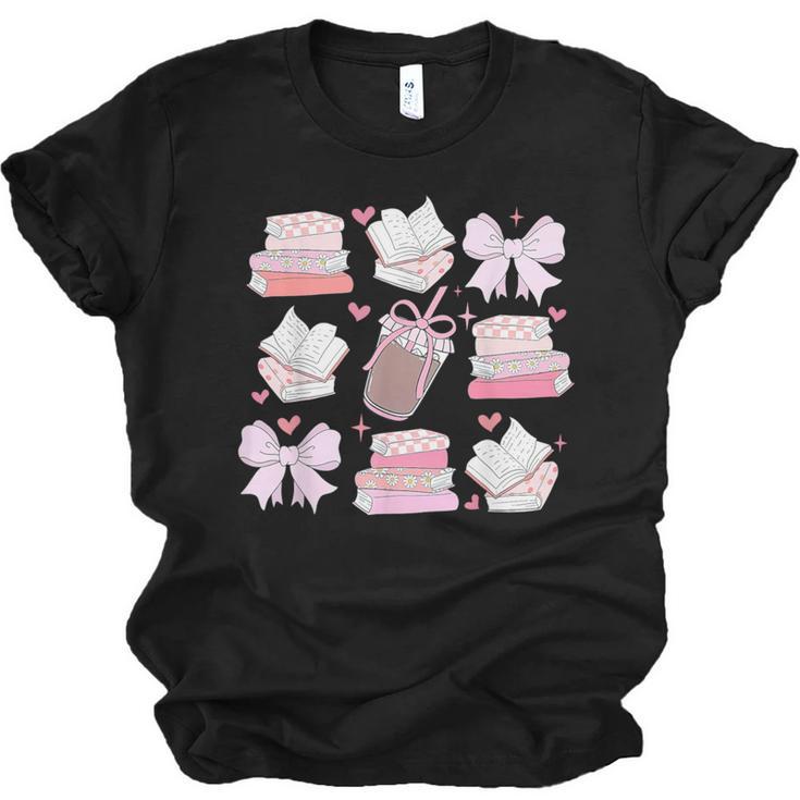 Coquette Bow Book Coffee Valentines Bookish Library Teacher Unisex Jersey T-Shirt