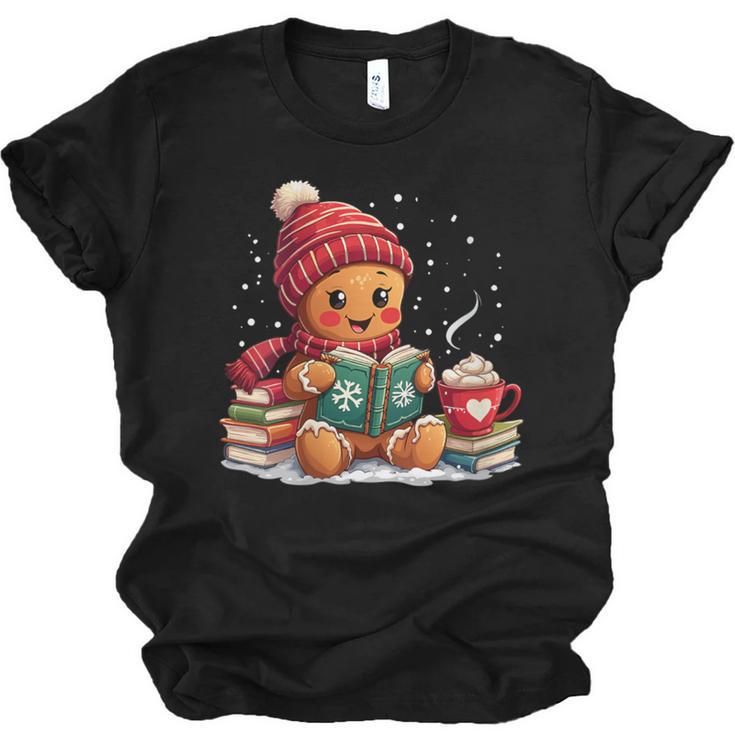 Cozy Gingerbread Christmas Reading Book Xmas Snowflakes Fall Unisex Jersey T-Shirt