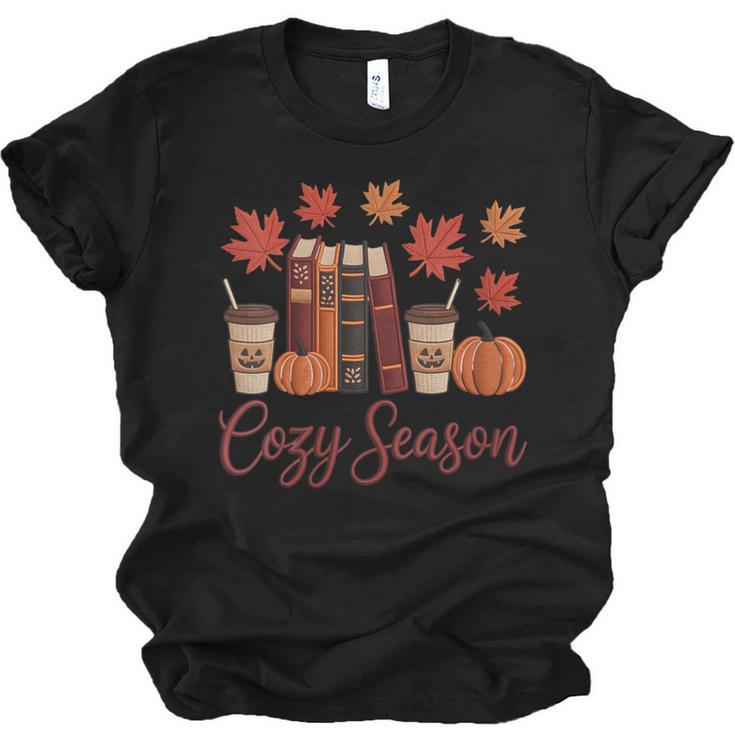 Cozy Season Autumn Leaves Books Pumpkins Fall Halloween Unisex Jersey T-Shirt