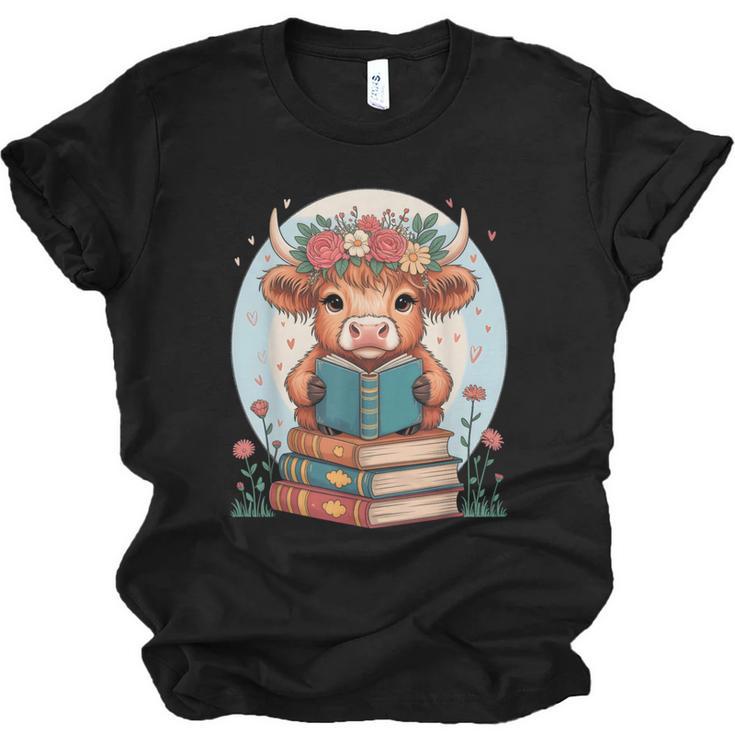 Cute Baby Highland Cow Reading Book Bookworm For Men Women Unisex Jersey T-Shirt