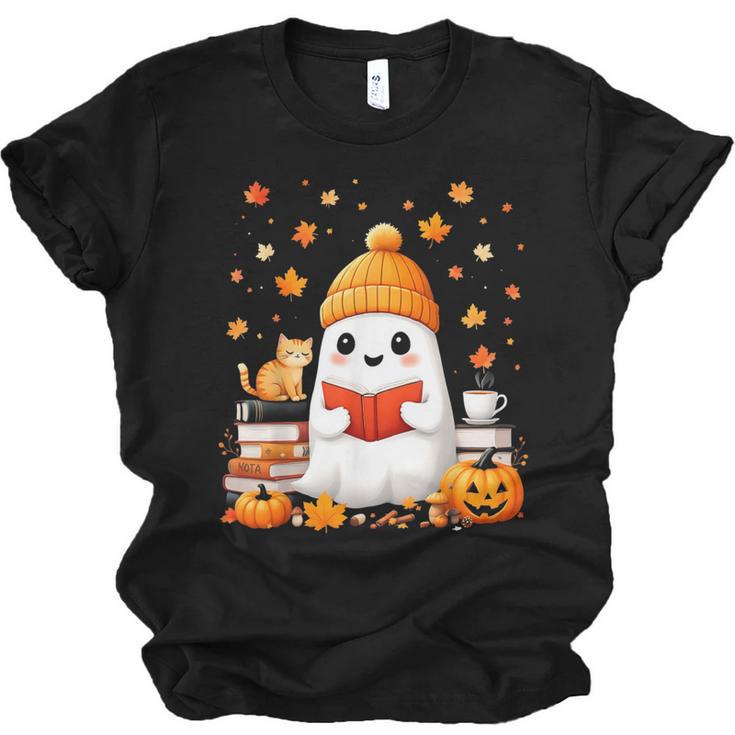 Cute Beanie Ghost Bookworm Cozy Book Reading Halloween Unisex Jersey T-Shirt