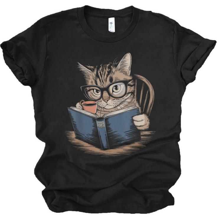 Cute Cat Reading Books With Tea Unisex Jersey T-Shirt