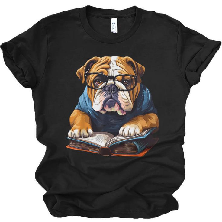 Cute Dog English Bulldog Reading Book Unisex Jersey T-Shirt