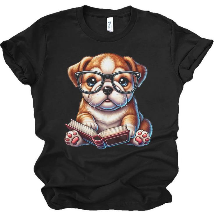Cute Dog Puppy English Bulldog Reading Book Unisex Jersey T-Shirt