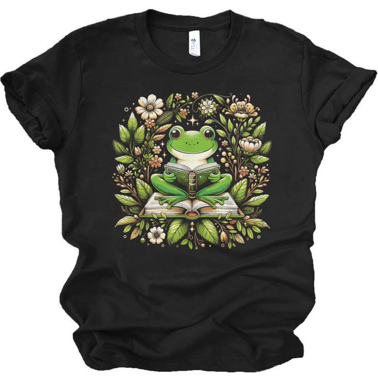 Cute Floral Frog Book Reading Unisex Jersey T-Shirt