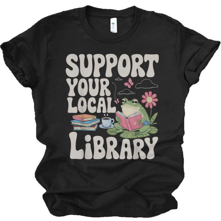 Cute Frog Support Your Local Library Librarian Book Lover Unisex Jersey T-Shirt