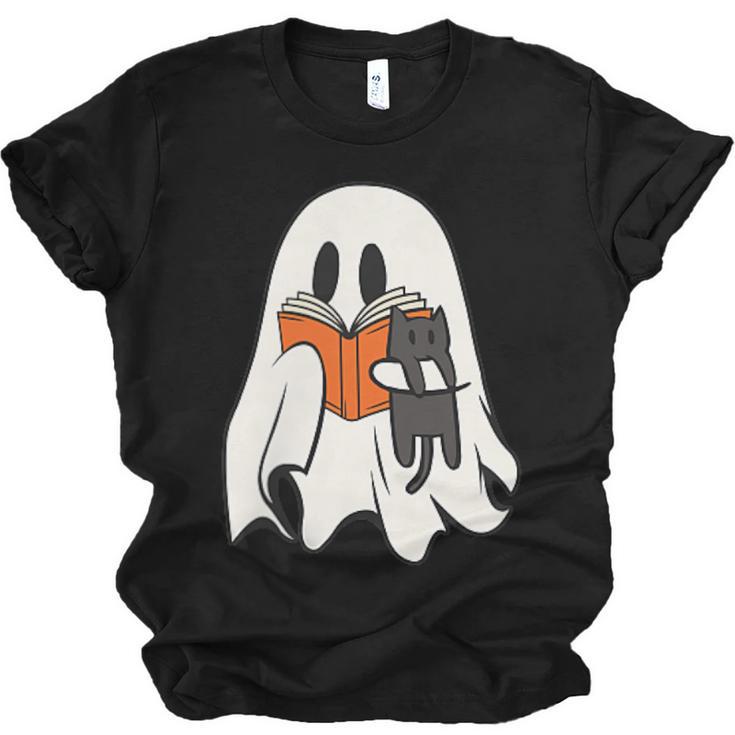 Cute Ghost Cat Reading Book Spooky Season Halloween Costume Unisex Jersey T-Shirt