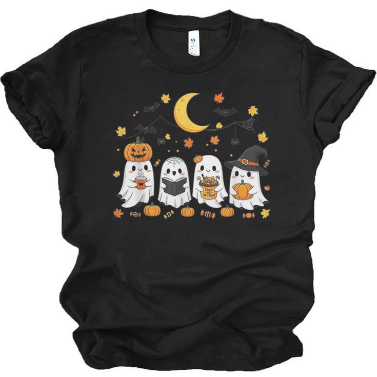 Cute Ghost Drinking Coffee Halloween Fall Ghost Book Reading Unisex Jersey T-Shirt