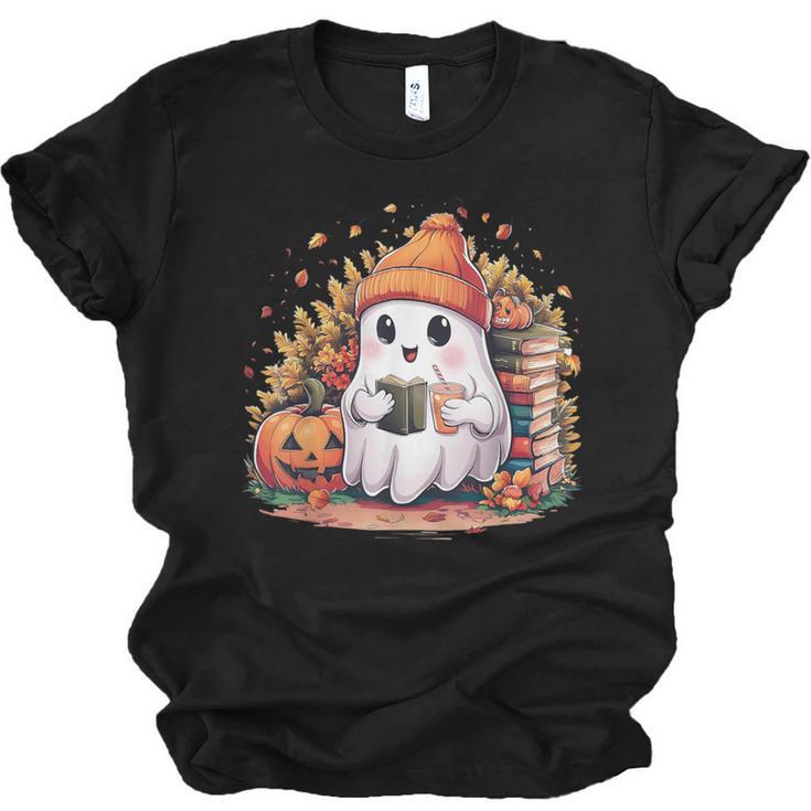 Cute Ghost Drinking Coffee Halloween Reading Book Retro Unisex Jersey T-Shirt