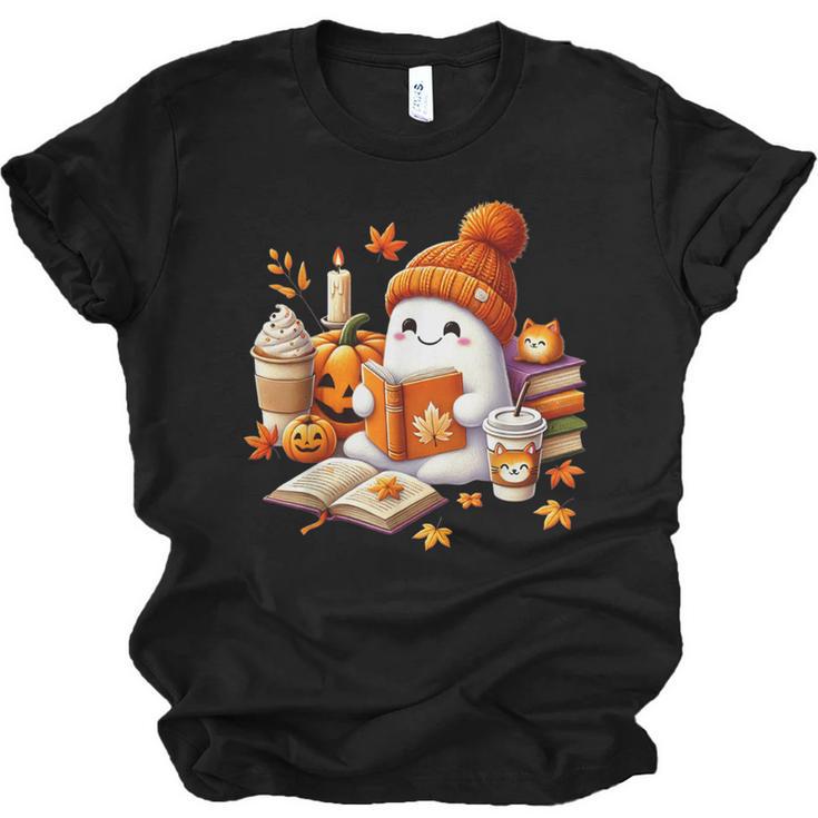 Cute Ghost Reading Book Lovers Halloween Pumpkin Women Girls Unisex Jersey T-Shirt