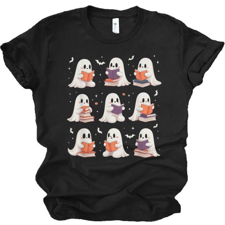 Cute Ghost Reading Book Lovers Halloween Ghost Unisex Jersey T-Shirt