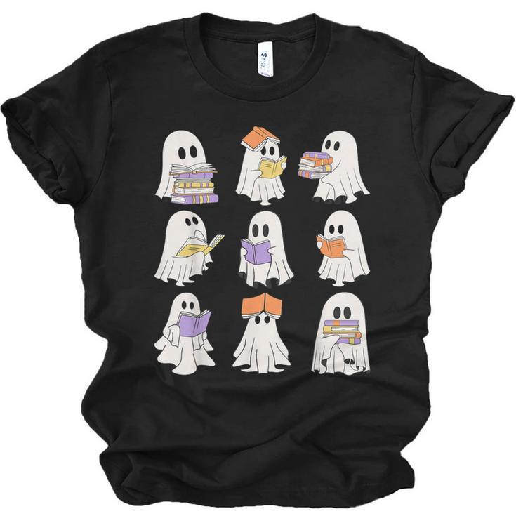 Cute Ghost Reading Books Teacher Halloween Reading Men Women Kids Unisex Jersey T-Shirt
