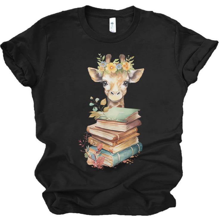 Cute Giraffe With Book Floral Bookworm Librarian Book Lover Unisex Jersey T-Shirt