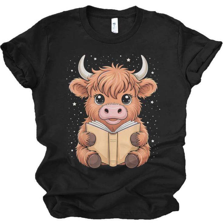 Cute Highland Cow Reading Book Unisex Jersey T-Shirt