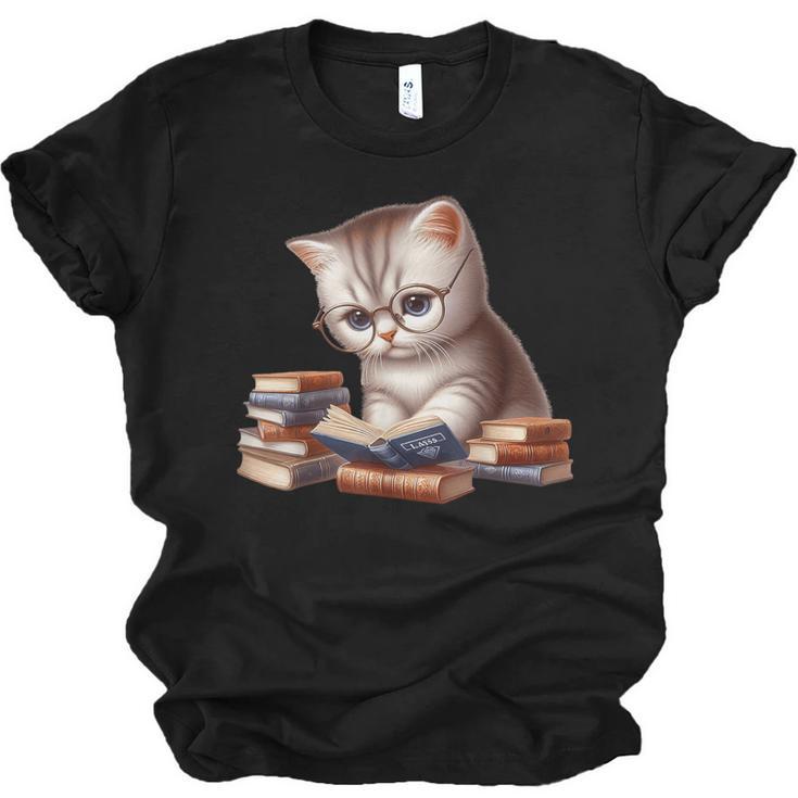 Cute Kitten Bookworm Adorable Cat With Glasses Reading Book Unisex Jersey T-Shirt