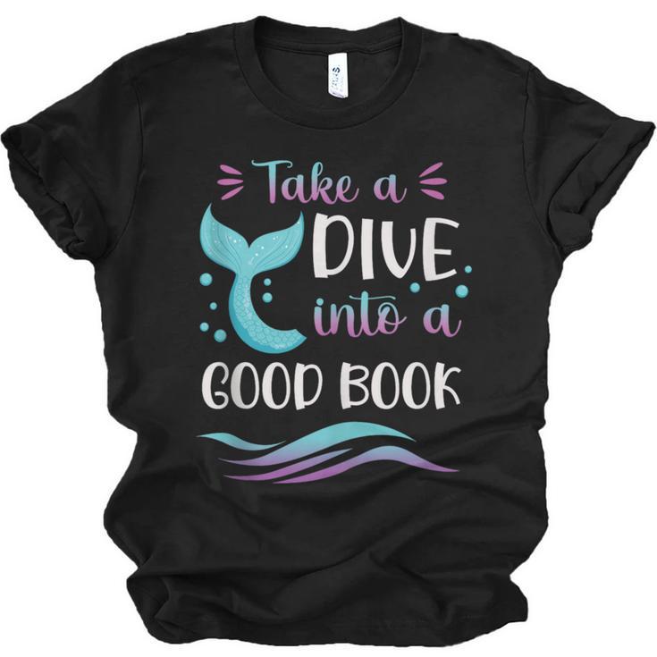 Cute Mermaid Librarian Teacher Dive Into A Good Book Reading Unisex Jersey T-Shirt