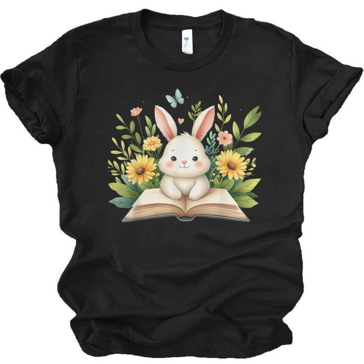 Cute Rabbit And Book Women Girls Reading Book Rabbit Lover Unisex Jersey T-Shirt