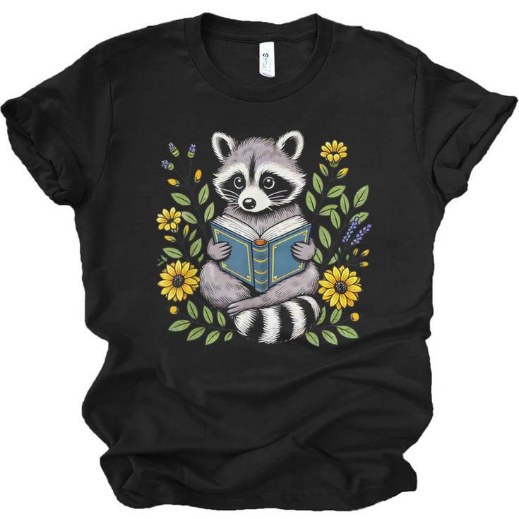 Cute Raccoon Reading Book Flowers Unisex Jersey T-Shirt