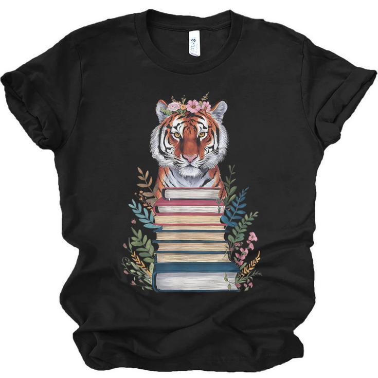 Cute Tiger With Book Floral Bookworm Librarian Book Lover Unisex Jersey T-Shirt