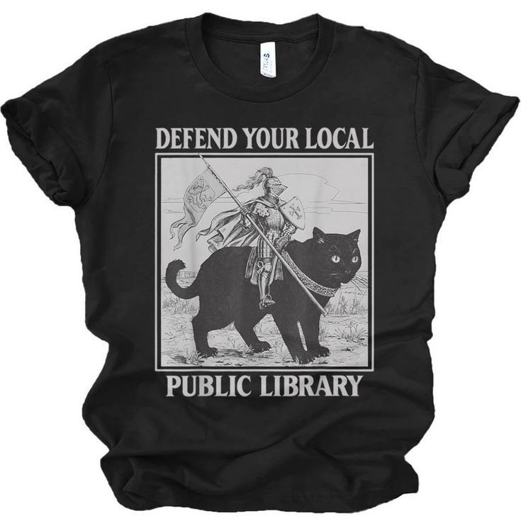 Defend Your Local Library Knight Cat Rider Book Lover Unisex Jersey T-Shirt