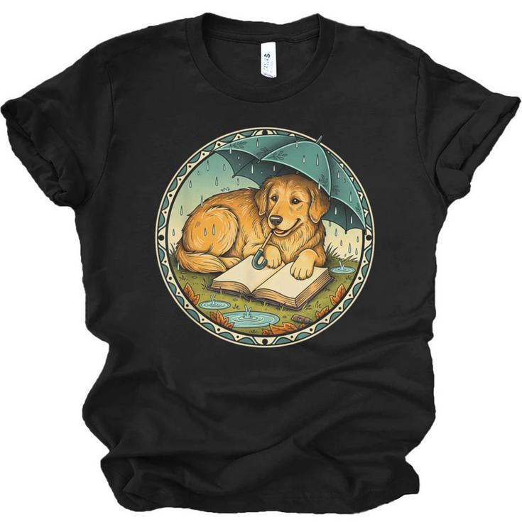 Dog Reading Book Rain Cozy Umbrella Cute Art Men Unisex Jersey T-Shirt