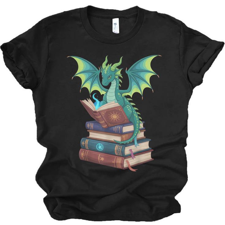 Dragon Reading Books Fantasy Lovers Mythical Creatures Unisex Jersey T-Shirt