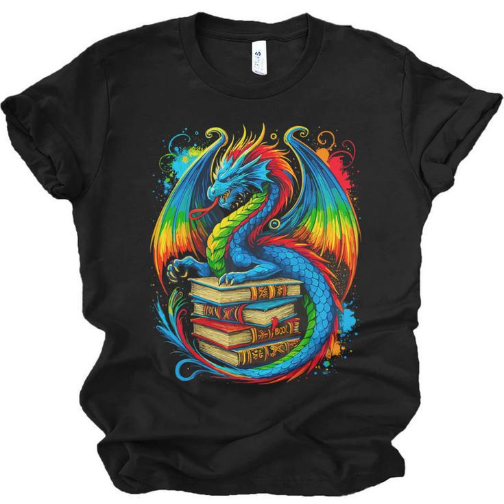 Dragon Reading Colorful Fantasy Book Lover Unisex Jersey T-Shirt