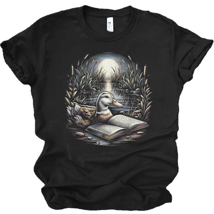 Duck Reading Book Full Moon Lake Scenery Unisex Jersey T-Shirt