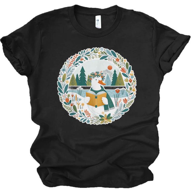 Duck Wilderness Book Reading Illustration Floral Unisex Jersey T-Shirt