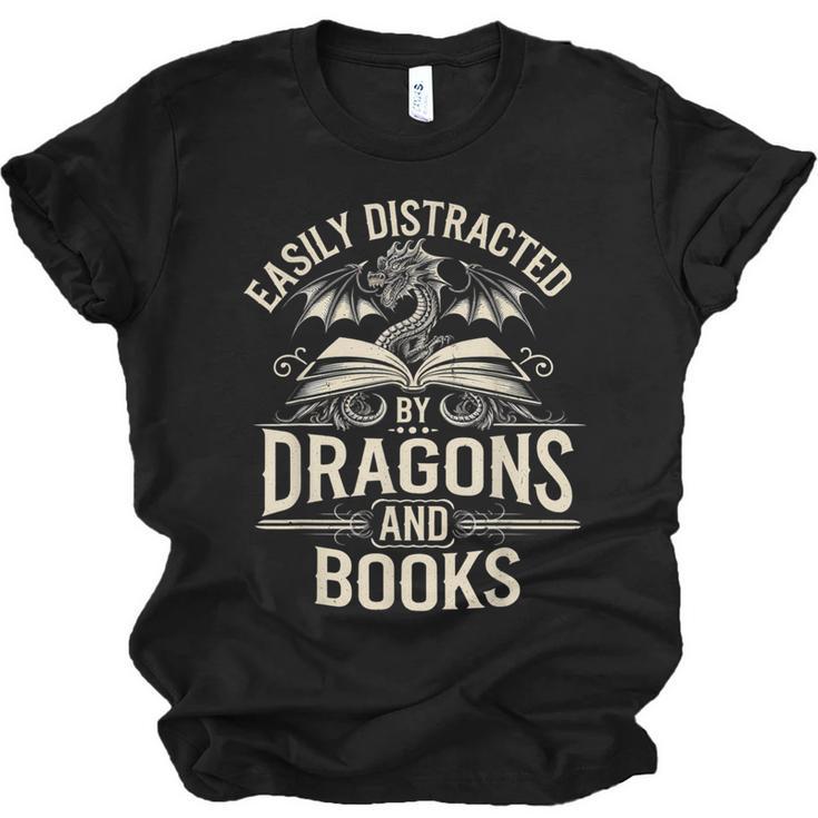 Easily Distracted By Books & Dragons Bookworm Reading Unisex Jersey T-Shirt