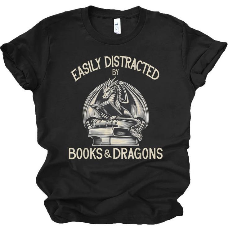 Easily Distracted By Books And Dragons Book Dragon Lover Unisex Jersey T-Shirt
