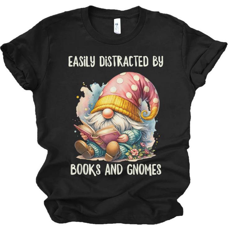 Easily Distracted By Books And Gnomes Book Reading Gnome Unisex Jersey T-Shirt