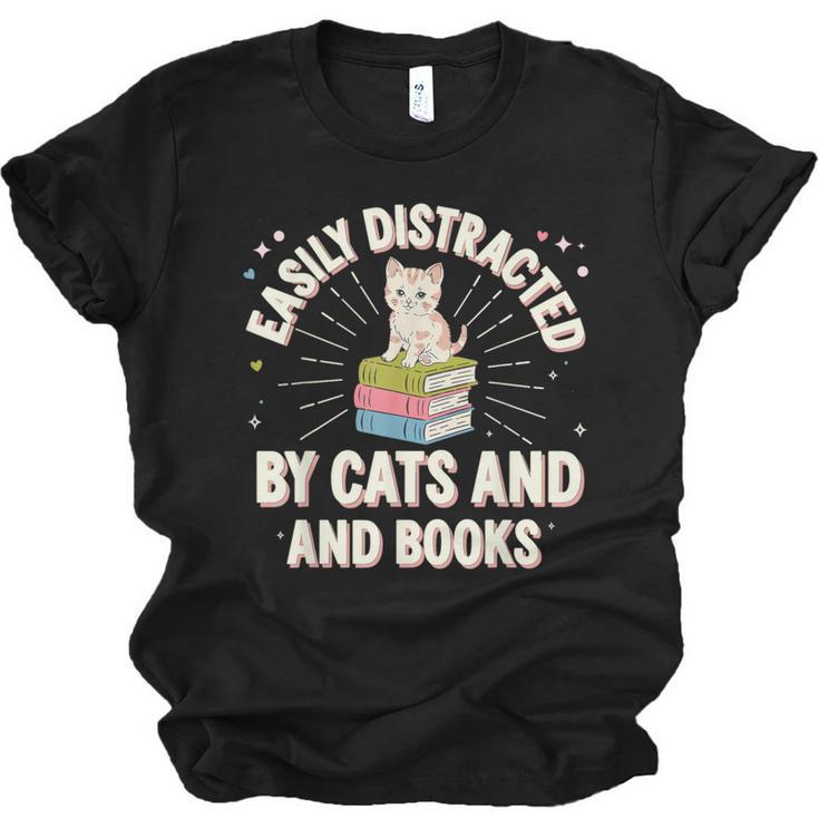 Easily Distracted By Cats & Books Tee Reader Book Worm Unisex Jersey T-Shirt