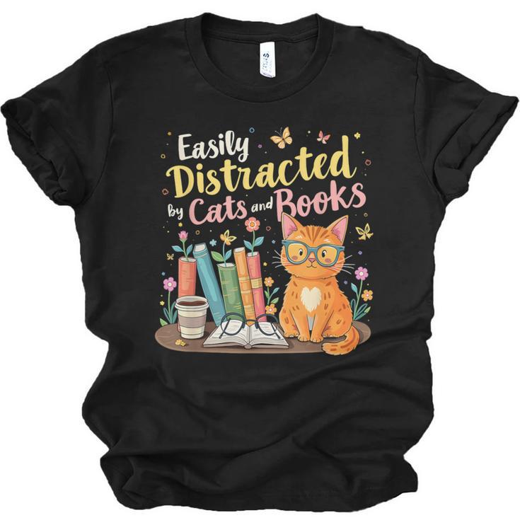 Easily Distracted By Cats And Books Book & Cat Lover Unisex Jersey T-Shirt