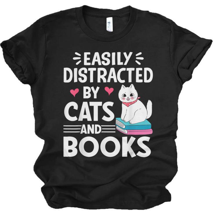 Easily Distracted By Cats And Books Cute Cat And Book Lovers Unisex Jersey T-Shirt