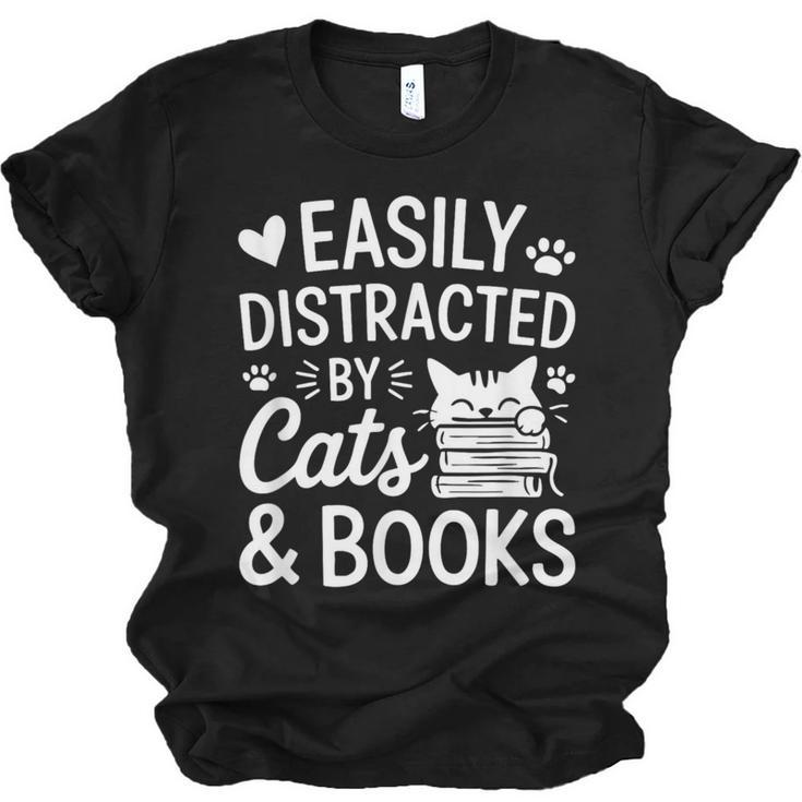 Easily Distracted By Cats And Books Reading Apparel Unisex Jersey T-Shirt